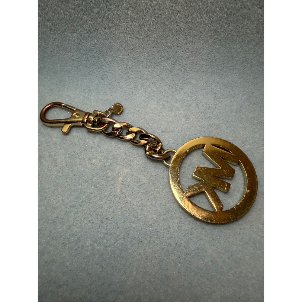 Michael Kors MK Logo Bag Charm Key Ring Gold Tone Curb Chain Handbag Accessory - Picture 2 of 2